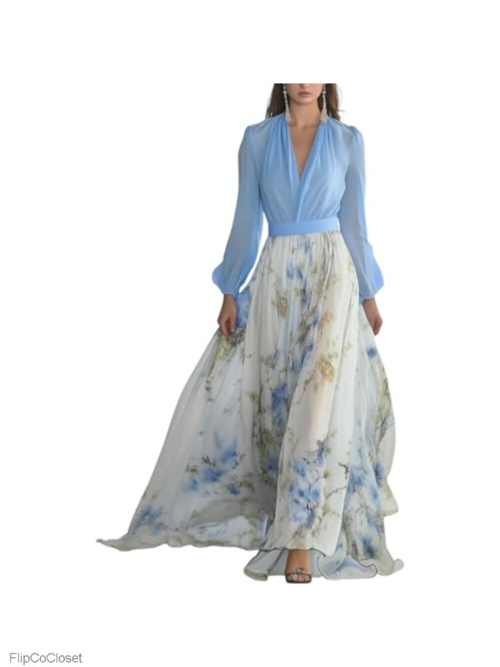 Women's Long Sleeve Floral Boho Empire Waist Maxi Dress Chiffon